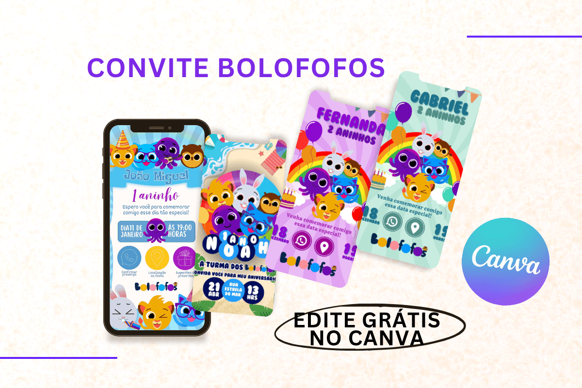 Vários modelos de convite Bolofofos para editar grátis no Canva, com temas coloridos e personagens divertidos.
