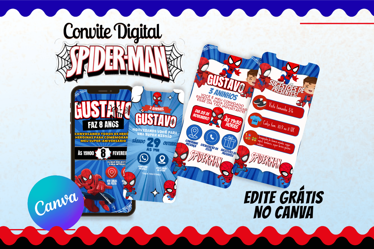 3 Modelos Convite Digital Homem-Aranha para editar grátis, Interativo e com Sugestões de Presentes