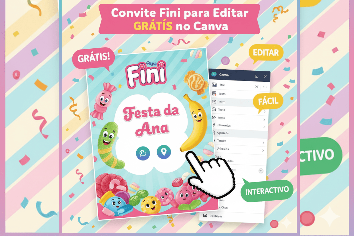 Convite Fini para Editar GRÁTIS no Canva. Imagem estilo thumbnail com o convite "Festa da Ana", balões de texto "GRÁTIS", "EDITAR" e interface do Canva.